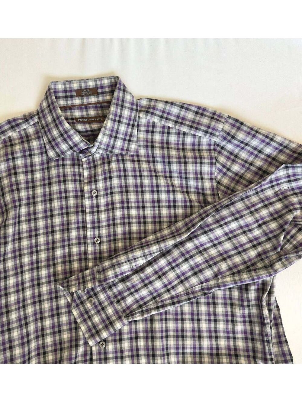 Peter Millar Men's L Purple/Gray/white Plaid 100% Cotton Long Sleeve
